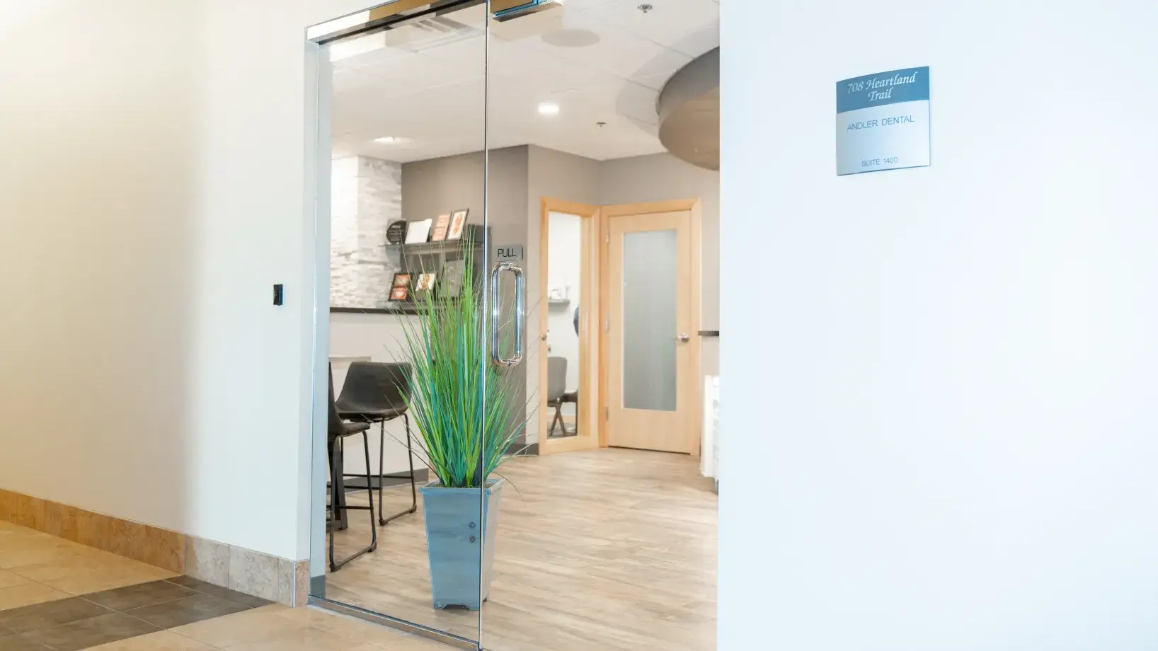 Glass door entrance to a dental office with a tall green plant in a gray rectangular pot and wooden doors inside.